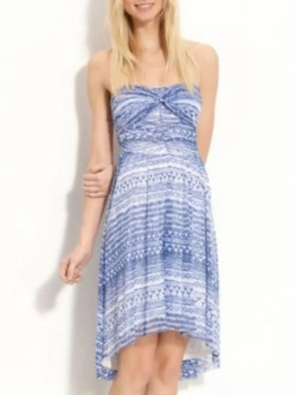 Free People Blue & White Flowy Strapless Summer Vacation Dress